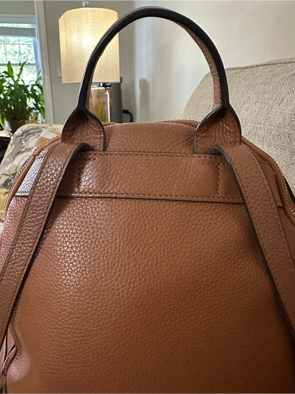 Tory Burch Theo Pebbled Leather Backpack Cognac Brown Large Travel Laptop Bag